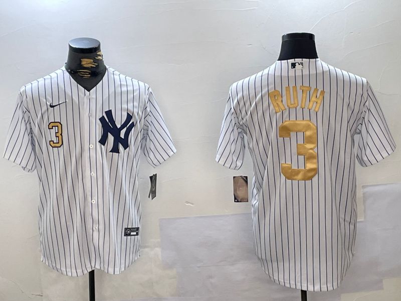 Men New York Yankees #3 Ruth White Stripe Fashion Nike 2024 MLB Jersey style 14